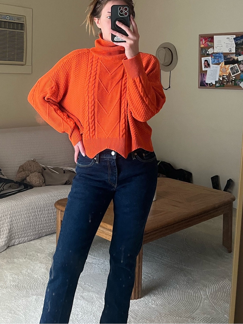 Orange Turtleneck Cable Knit Sweater - Women